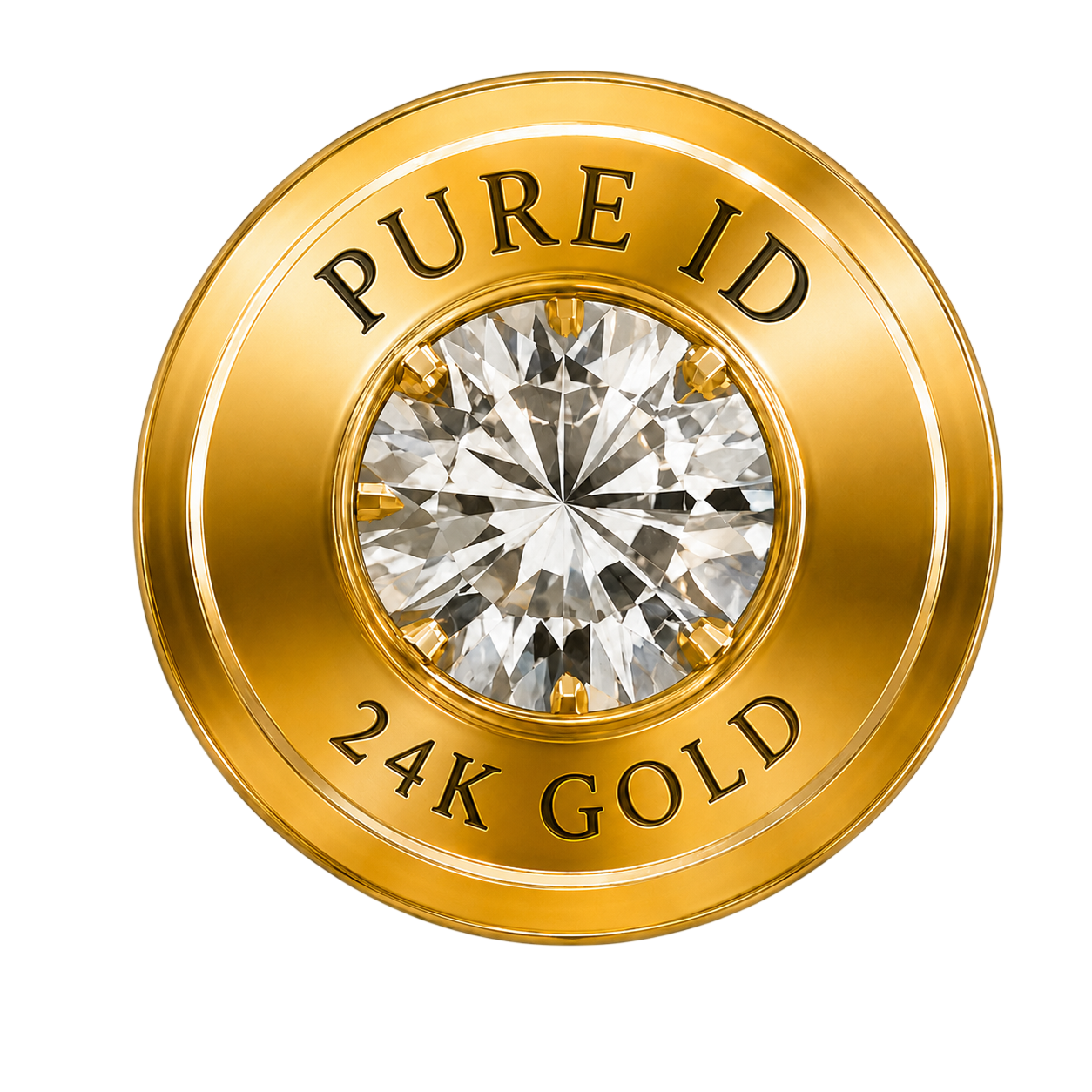 The PURE ID Mark: a round diamond held by four rounded prongs in a polished gold disc